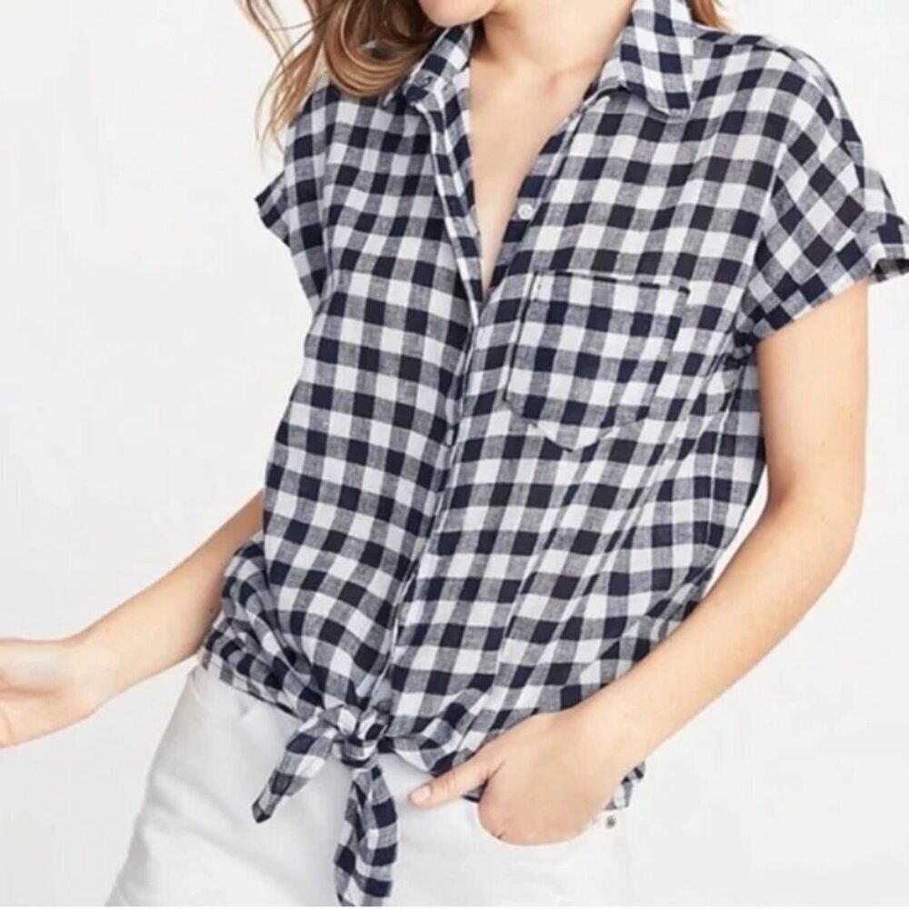 Old Navy Gingham Linen Blend Top Tie Hem Size XS